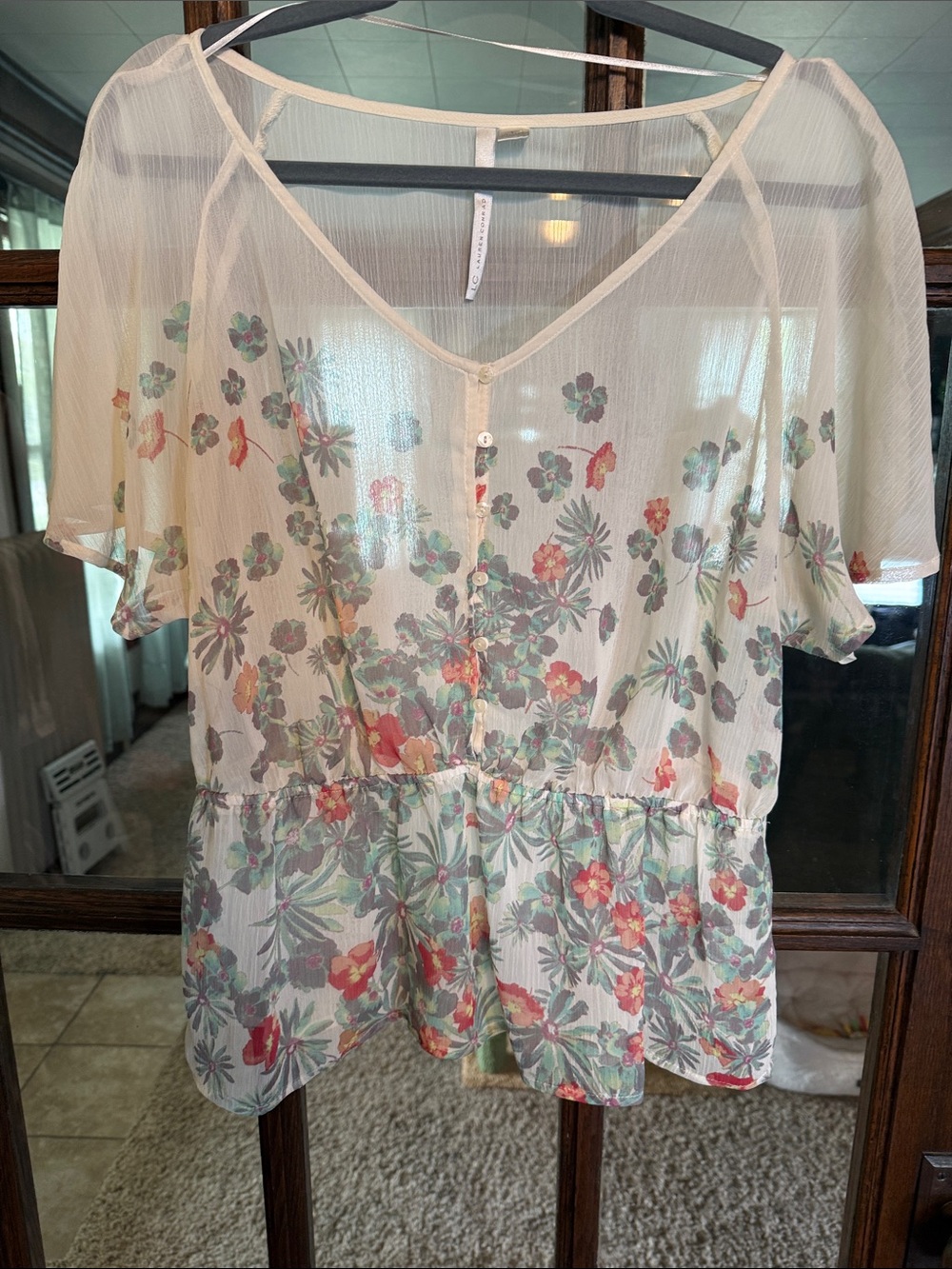 LC Lauren Conrad Floral Peplum Blouse Sheer V-Neck Button Front Cream Large